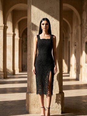 Luna, Woman, Formal Dress,Black,Size S,Zip,Sleeveless,Lace,Leg Slit,Boat Neck.!